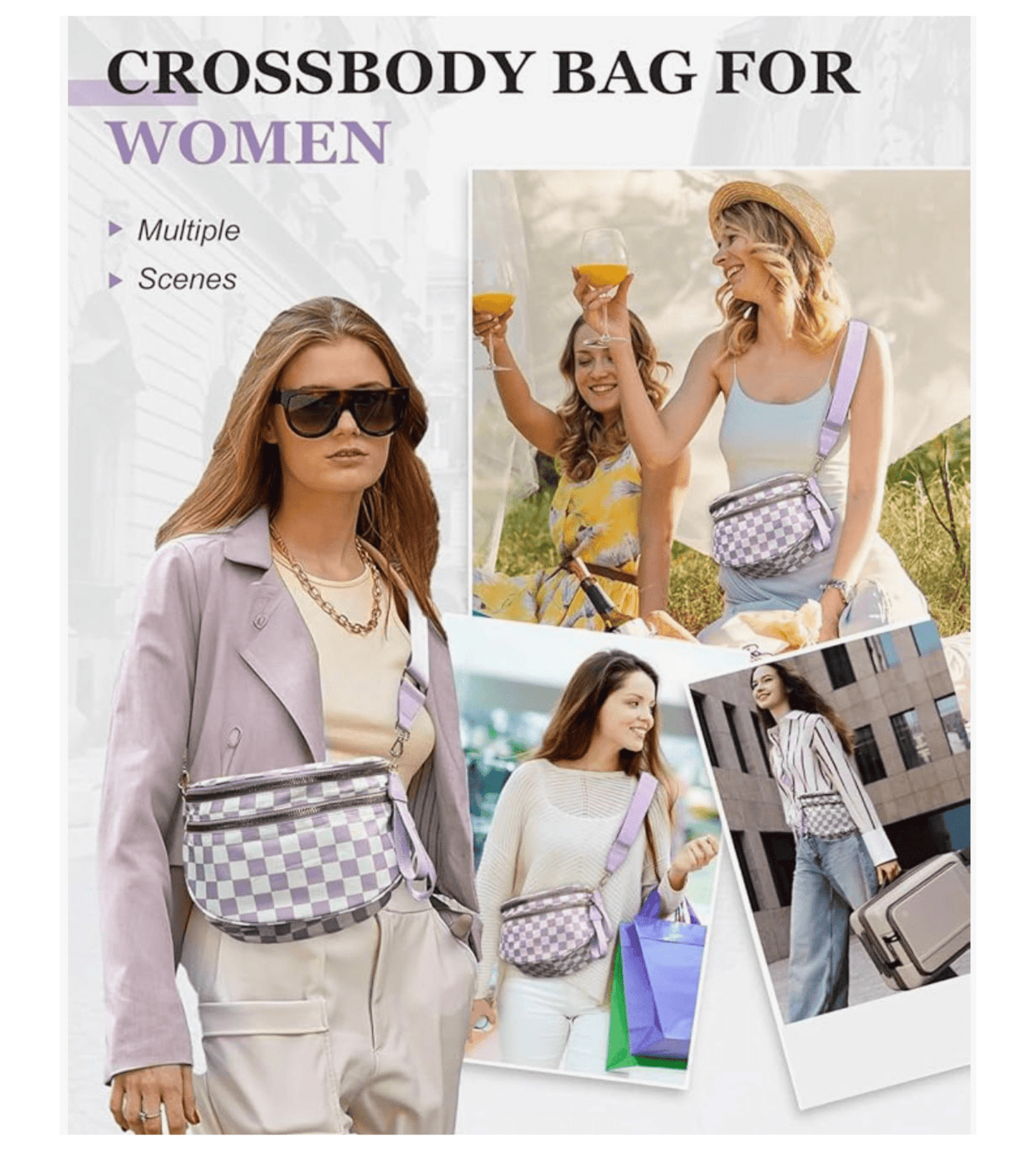 Light Purple Checkered Crossbody Bum Bags for Women | Nylon Checkered Purse Checkerboard Fanny Pack - Fashion Factory USA By Diana