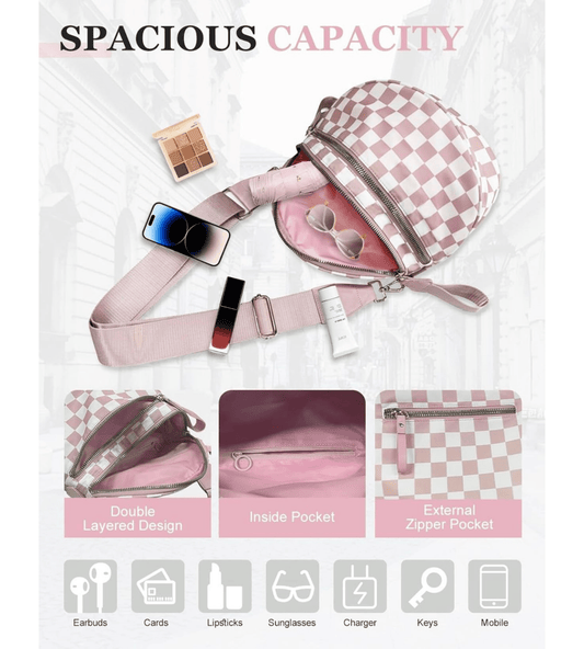 Trendy Pink & White Checkered Fanny Pack Crossbody | Wide Strap Shoulder Bag - Fashion Factory USA By Diana