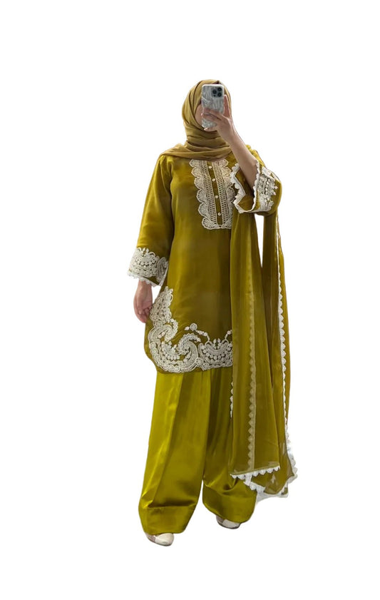 Pakistani Indian Wedding Party Wear Dress | 3pc Olive Green Embroidered Chiffon Suit with Silk Farshi Shalwar - Fashion Factory USA By Diana