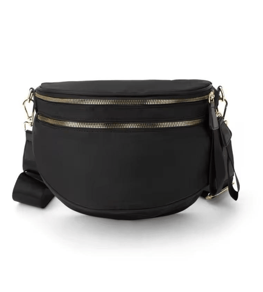 Black Nylon Crossbody Sling Bag | Multi - Pocket Fanny Pack with Gold Zippers - Fashion Factory USA By Diana