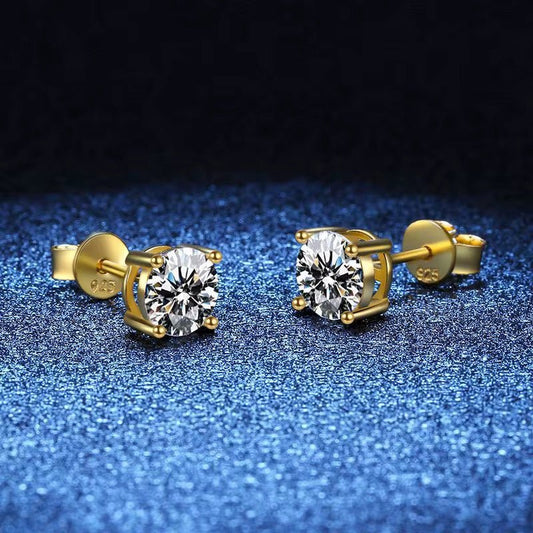 18K Gold Plated 1 Carat Moissanite Stud Earrings | Passes Diamond Tester Classic Solitaire Studs - Fashion Factory USA By Diana