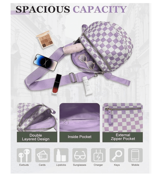 Light Purple Checkered Crossbody Bum Bags for Women | Nylon Checkered Purse Checkerboard Fanny Pack - Fashion Factory USA By Diana