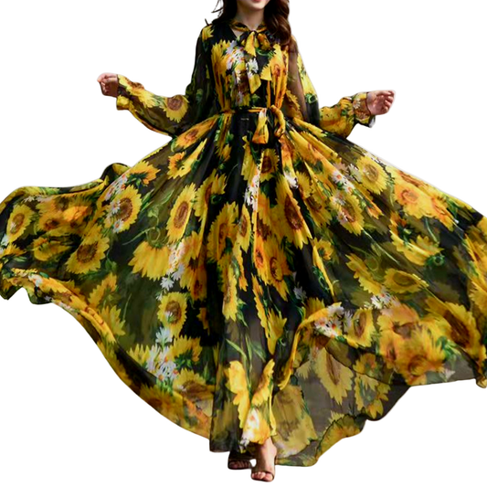 Vintage Sunflower Print Long Sleeve Maxi Dress | Flowy Chiffon A-Line Korean Chic Boho Dress - Fashion Factory USA By Diana