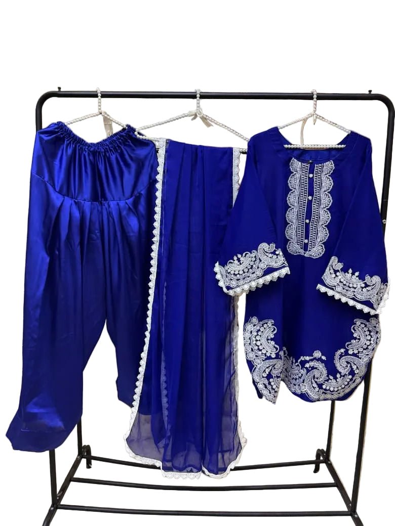 Ready-to-Wear 3-Piece Pakistani Designer Suit | Royal Blue Embroidered Chiffon Kameez & Silk Farshi Shalwar - Fashion Factory USA By Diana