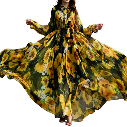 Chic Sunflower Floral Long Sleeve Midi Dress | Vintage A-Line Autumn Chiffon