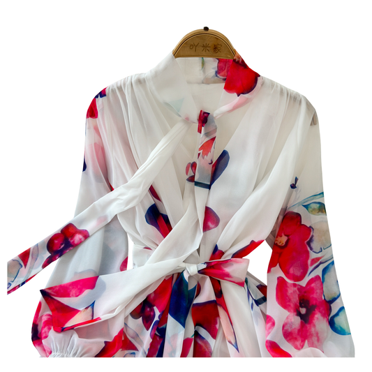 Elegant White & Red Floral Chiffon Maxi Dress - Long Sleeve A-Line Print Gown