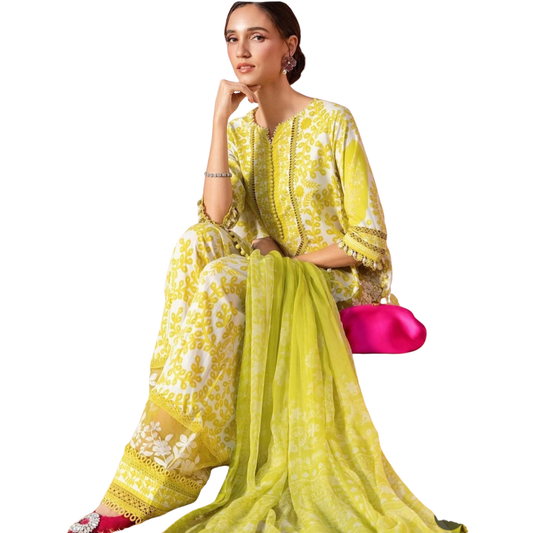 Ready-to-Wear 3-Piece Stitched Printed Lawn Suit with Laces | White & Yellow Designer-Inspired Farshi Shalwar