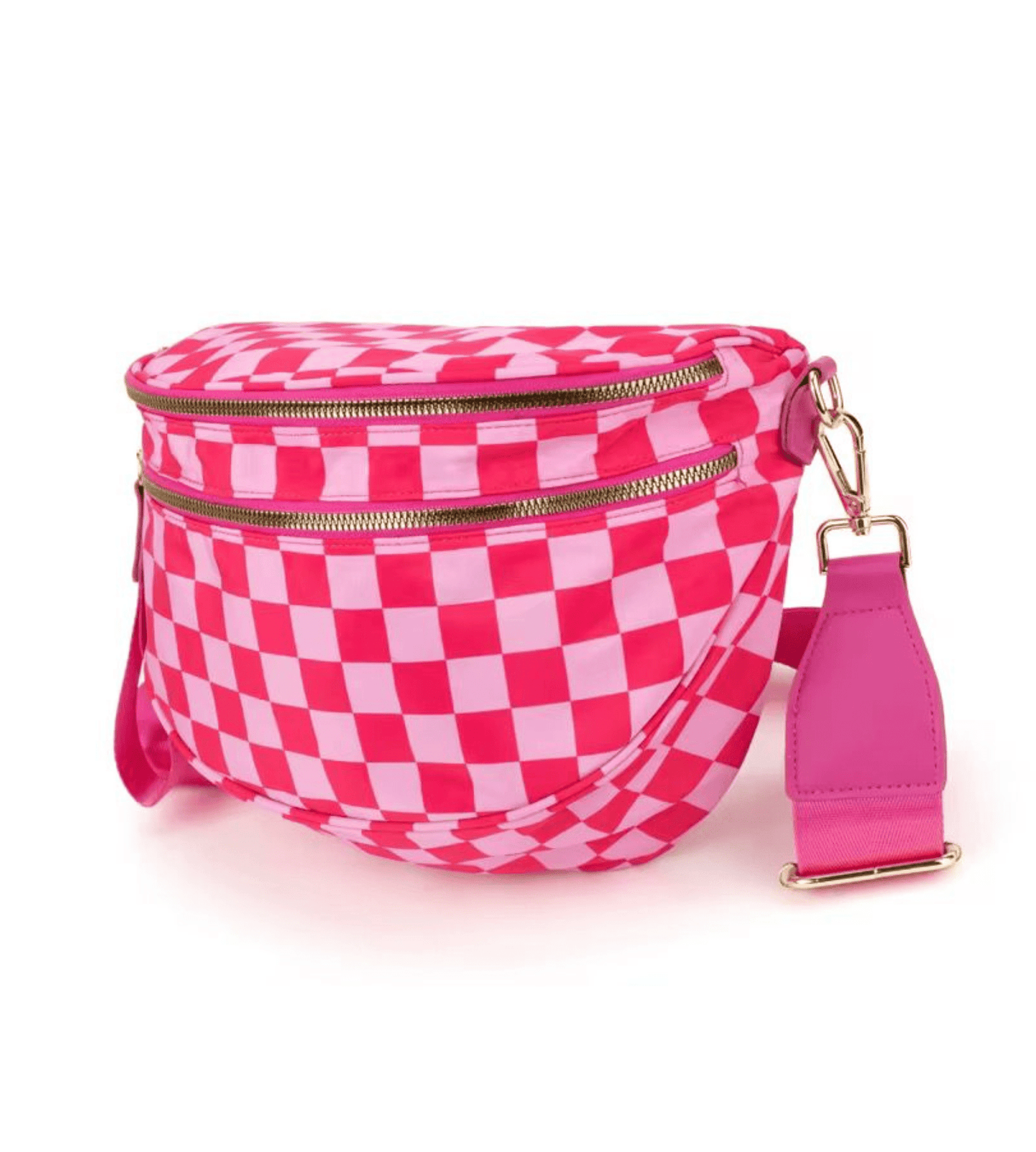 Bright Pink Checkerboard Sling Bag | Large Capacity Wide Strap Travel Pouch - Fashion Factory USA By Diana