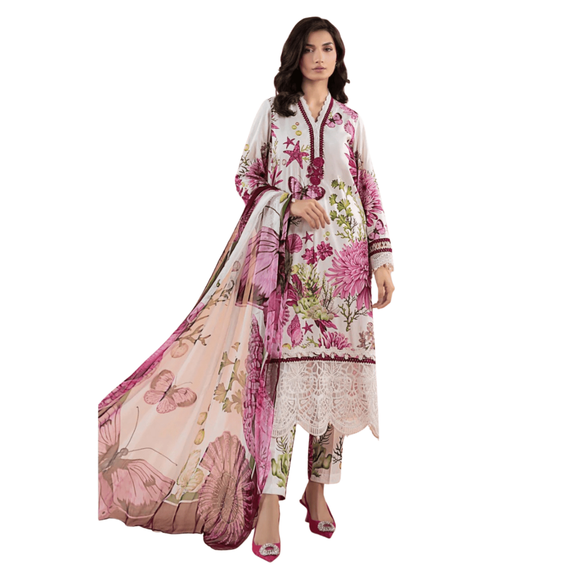Pakistani Indian Traditional Floral Lawn Suit | 3pc Ready-to-Wear Farshi Shalwar Set for Women - Fashion Factory USA By Diana