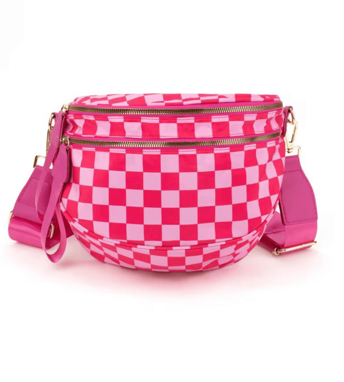 Bright Pink Checkerboard Sling Bag | Large Capacity Wide Strap Travel Pouch - Fashion Factory USA By Diana