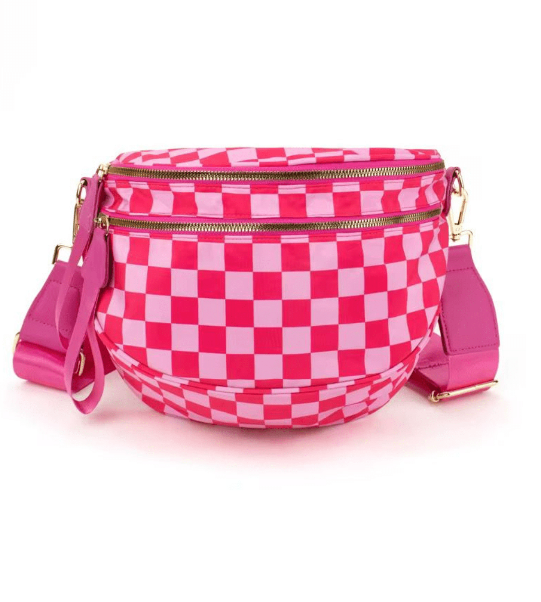 Bright Pink Checkerboard Sling Bag | Large Capacity Wide Strap Travel Pouch - Fashion Factory USA By Diana