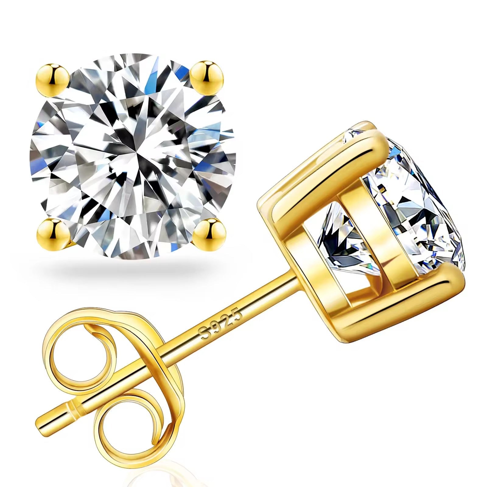 18K Gold Plated 1 Carat Moissanite Stud Earrings | Passes Diamond Tester Classic Solitaire Studs - Fashion Factory USA By Diana