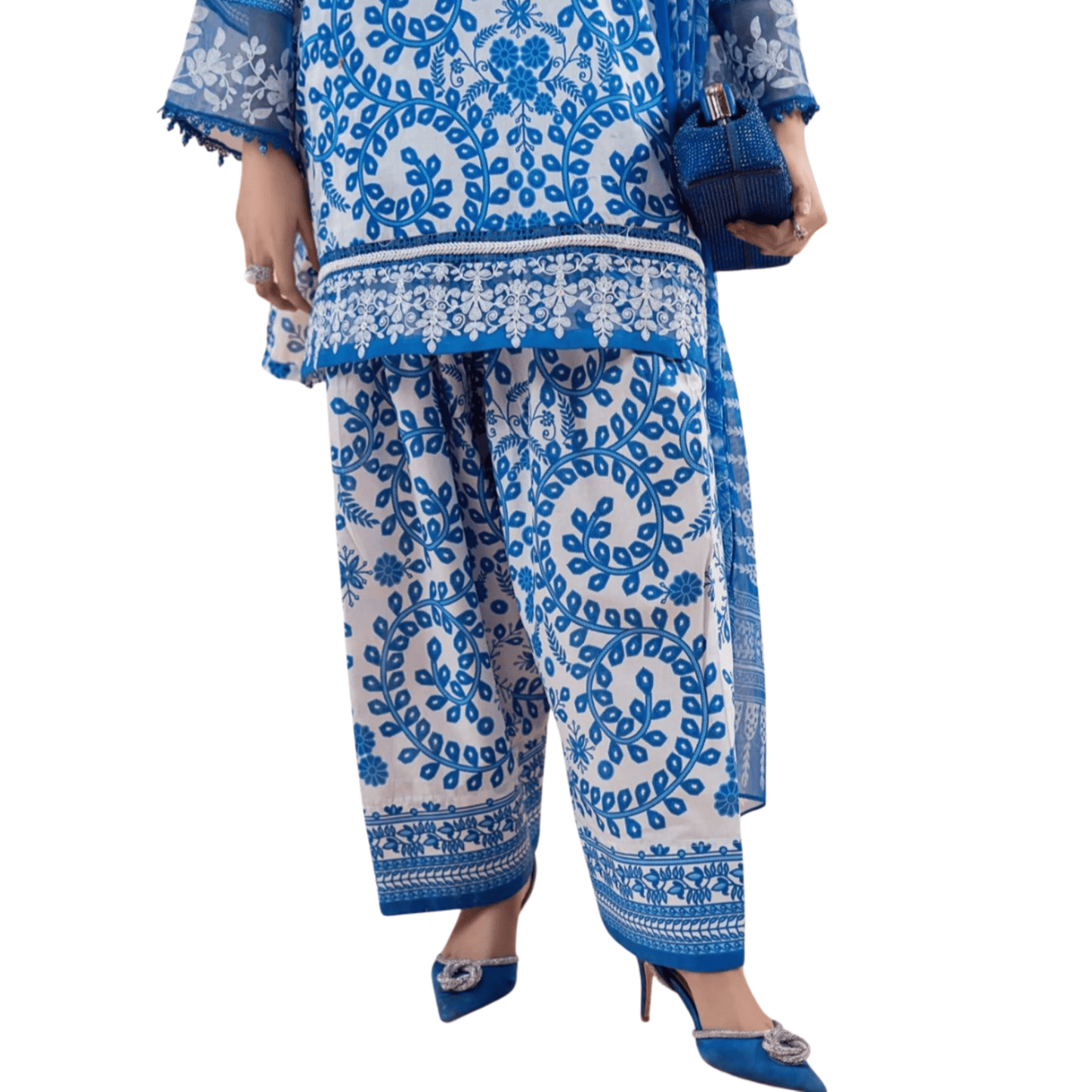 Pakistani Indian Traditional Blue Lawn Suit | 3pc Ready-to-Wear Farshi Shalwar Set with Lace - Fashion Factory USA By Diana