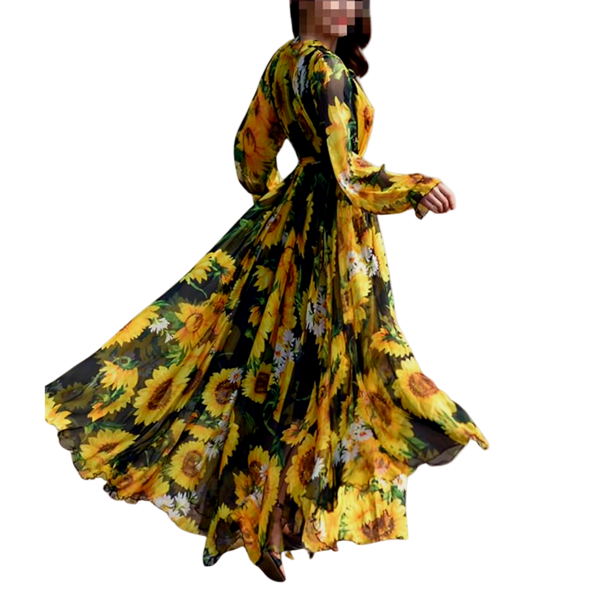 Vintage Sunflower Print Long Sleeve Maxi Dress | Flowy Chiffon A-Line Korean Chic Boho Dress - Fashion Factory USA By Diana