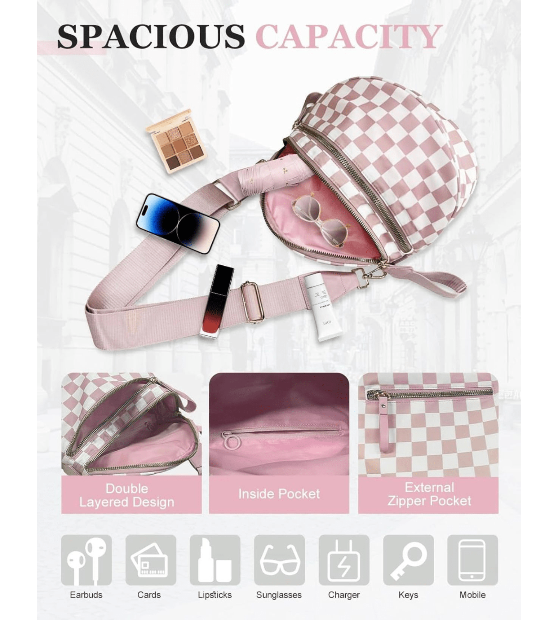 Trendy Pink & White Checkered Fanny Pack Crossbody | Wide Strap Shoulder Bag - Fashion Factory USA By Diana
