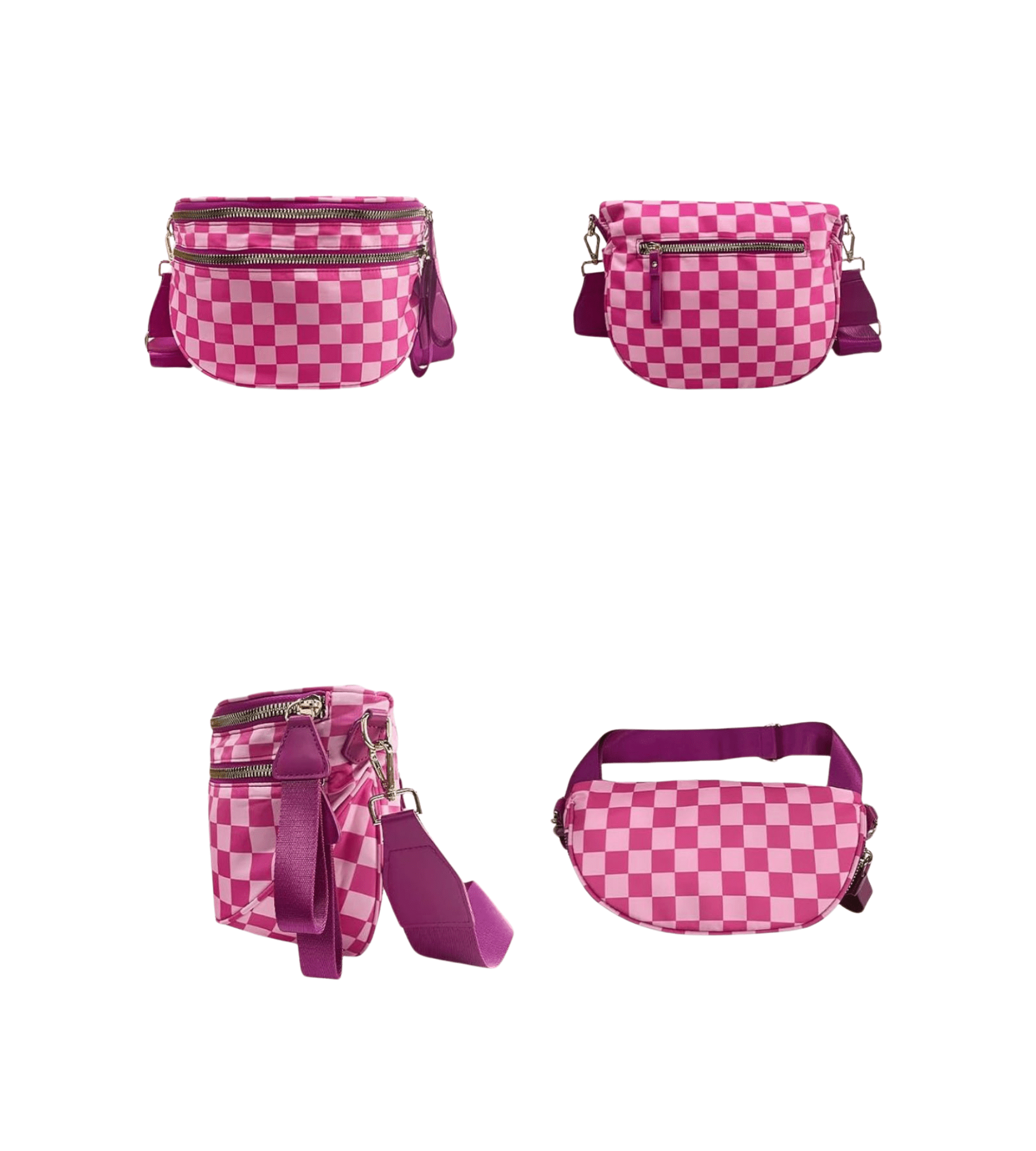 Bright Pink Checkerboard Sling Bag | Large Capacity Wide Strap Travel Pouch - Fashion Factory USA By Diana