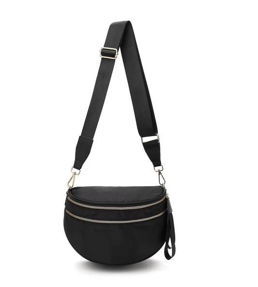 Black Nylon Crossbody Sling Bag | Multi - Pocket Fanny Pack with Gold Zippers - Fashion Factory USA By Diana