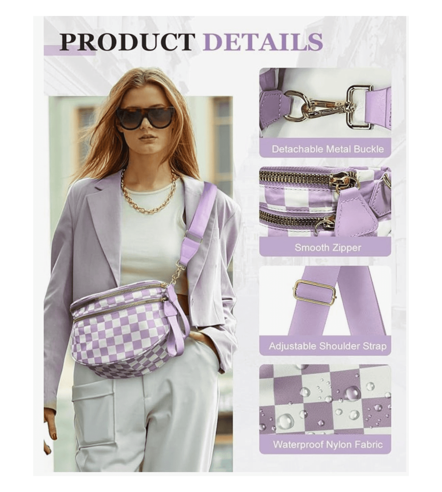 Light Purple Checkered Crossbody Bum Bags for Women | Nylon Checkered Purse Checkerboard Fanny Pack - Fashion Factory USA By Diana