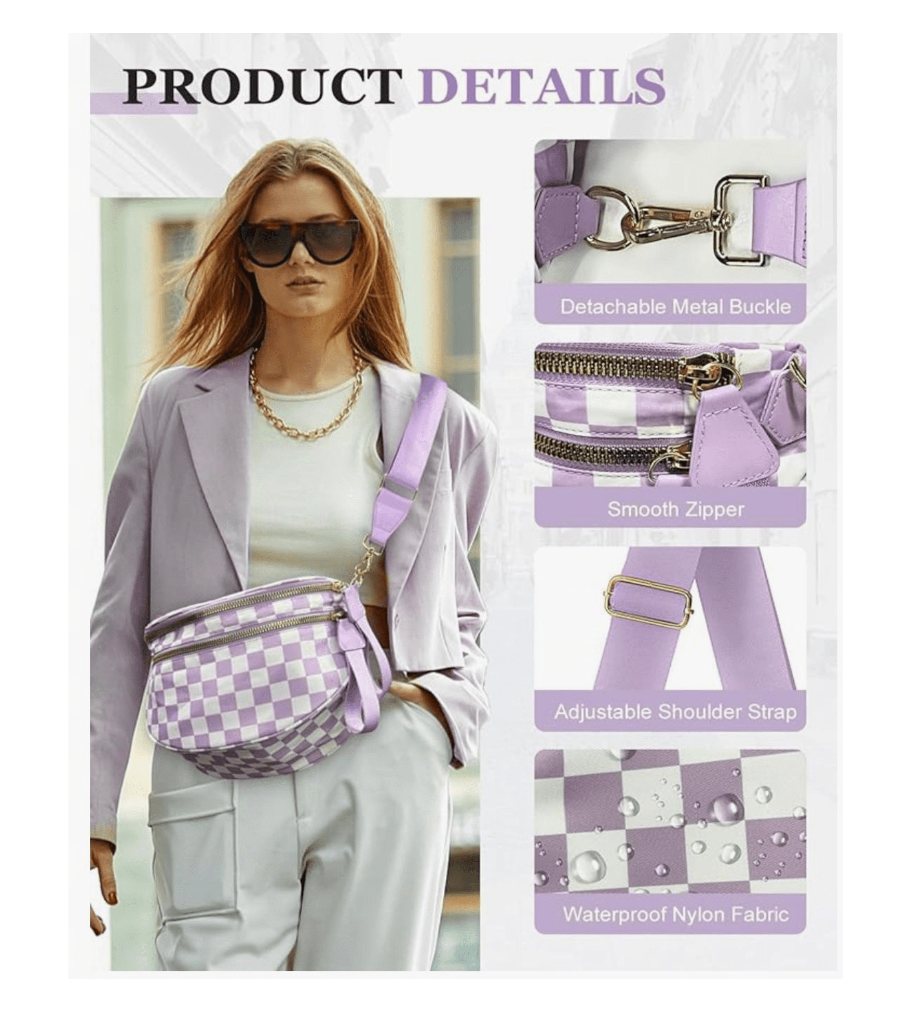 Light Purple Checkered Crossbody Bum Bags for Women | Nylon Checkered Purse Checkerboard Fanny Pack - Fashion Factory USA By Diana