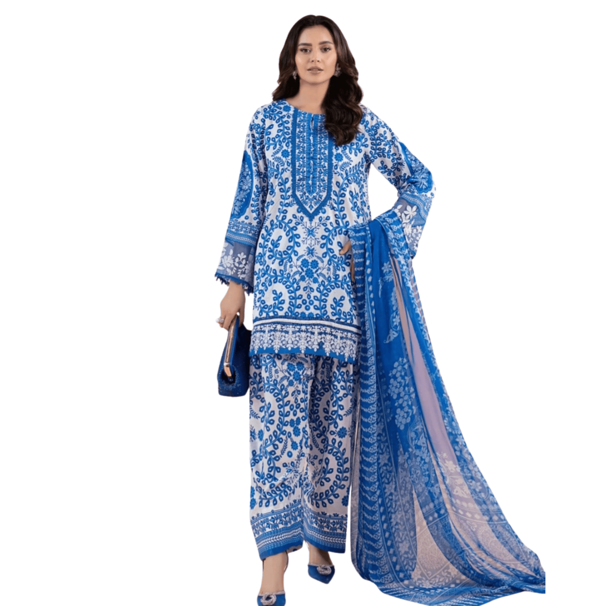 Pakistani Indian Traditional Blue Lawn Suit | 3pc Ready-to-Wear Farshi Shalwar Set with Lace - Fashion Factory USA By Diana