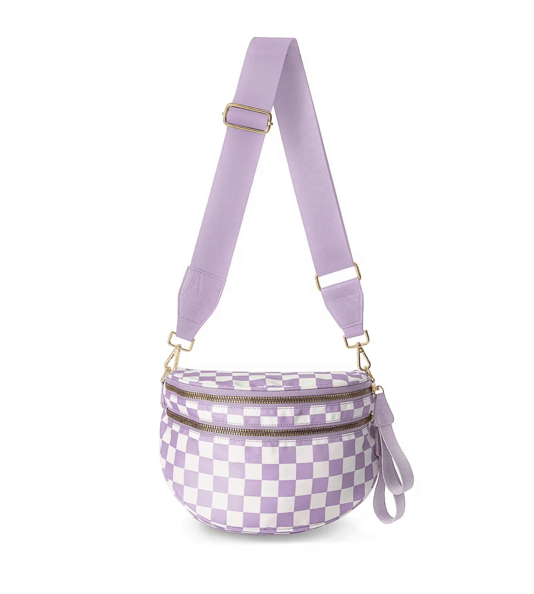 Light Purple Checkered Crossbody Bum Bags for Women | Nylon Checkered Purse Checkerboard Fanny Pack - Fashion Factory USA By Diana