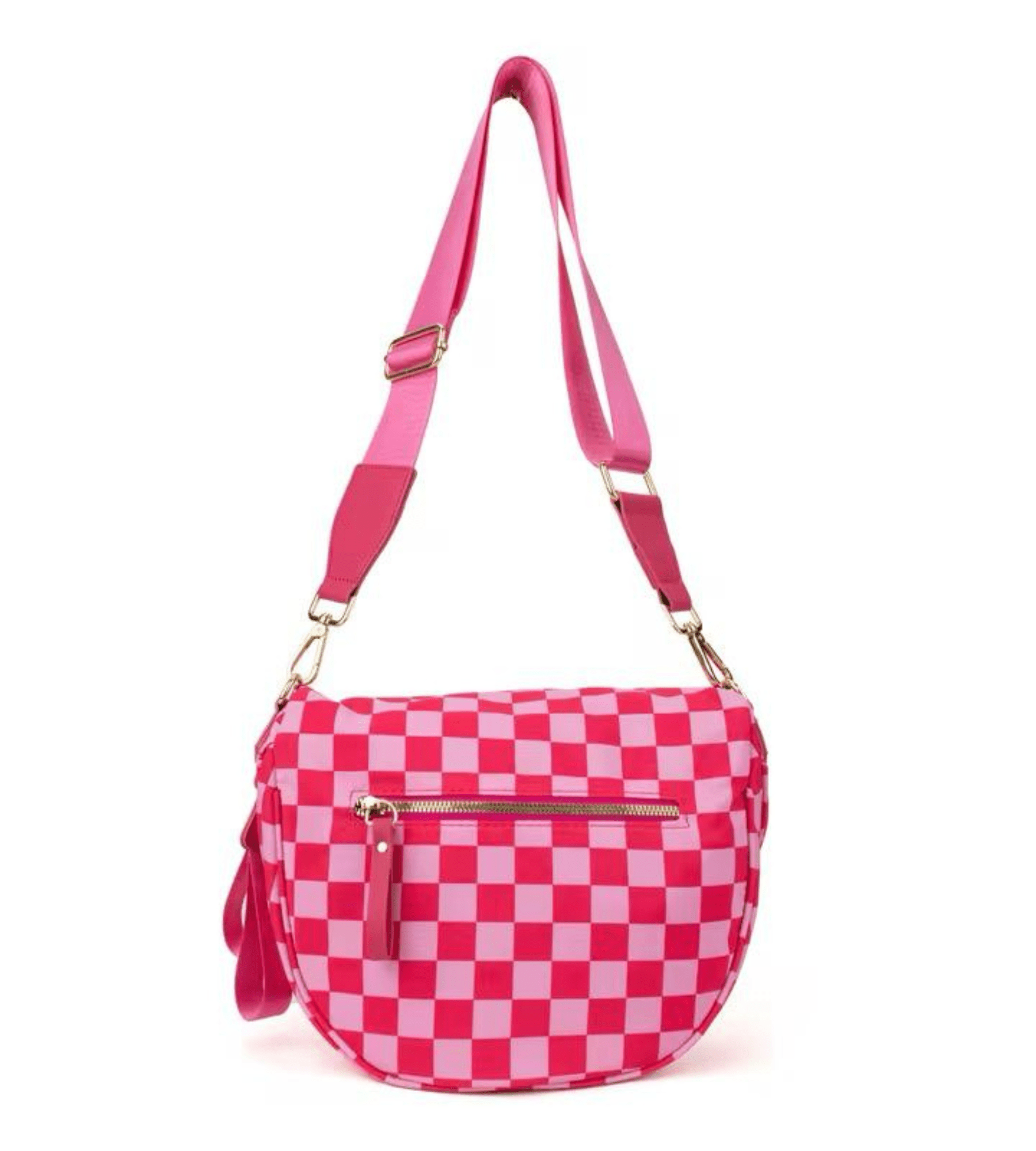 Bright Pink Checkerboard Sling Bag | Large Capacity Wide Strap Travel Pouch - Fashion Factory USA By Diana