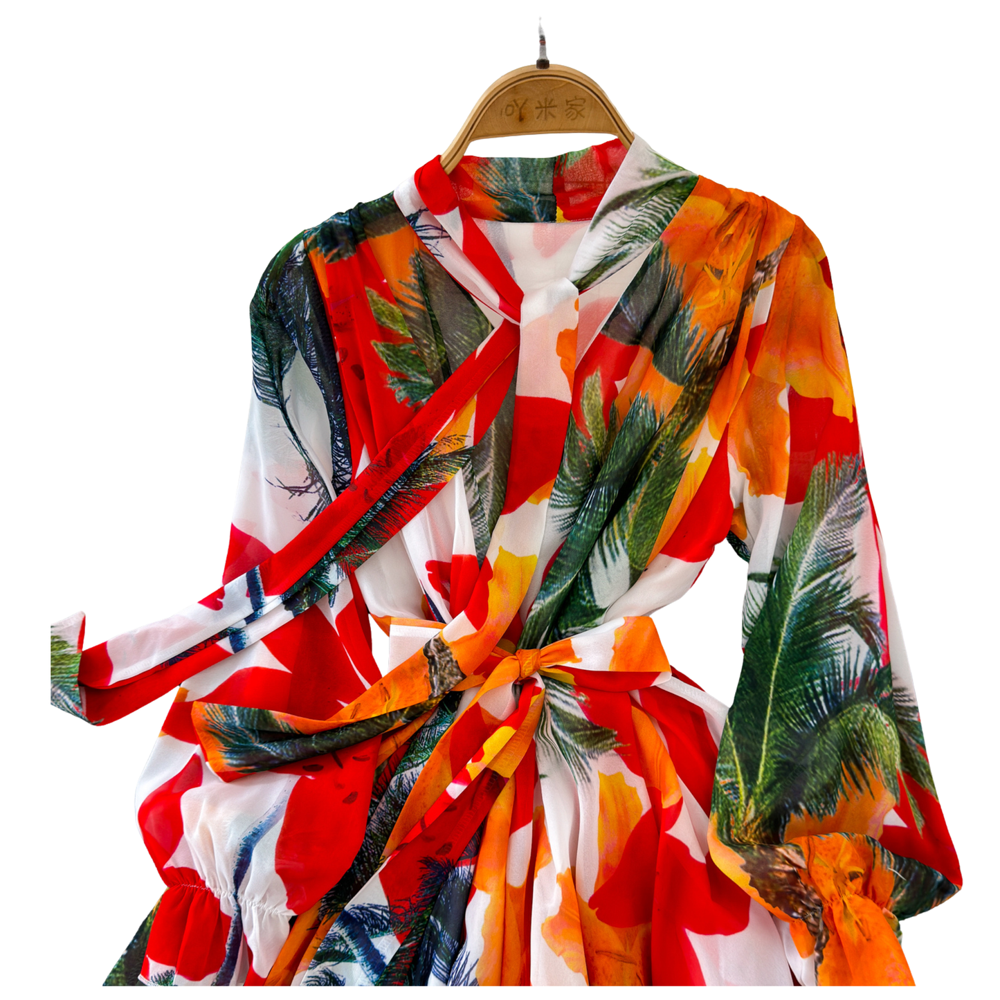 Colorful Tropical Print Long Sleeve Maxi Dress | Korean Chic Flowy Chiffon Dress with Belt - Fashion Factory USA By Diana