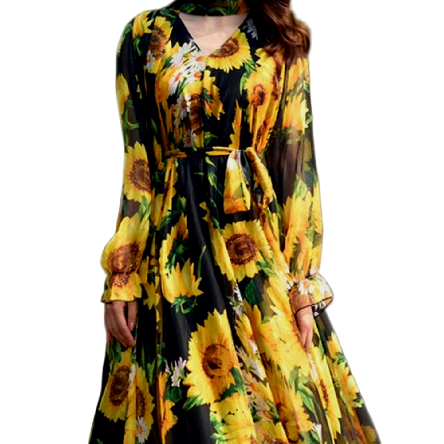 Vintage Sunflower Print Long Sleeve Maxi Dress | Flowy Chiffon A-Line Korean Chic Boho Dress - Fashion Factory USA By Diana