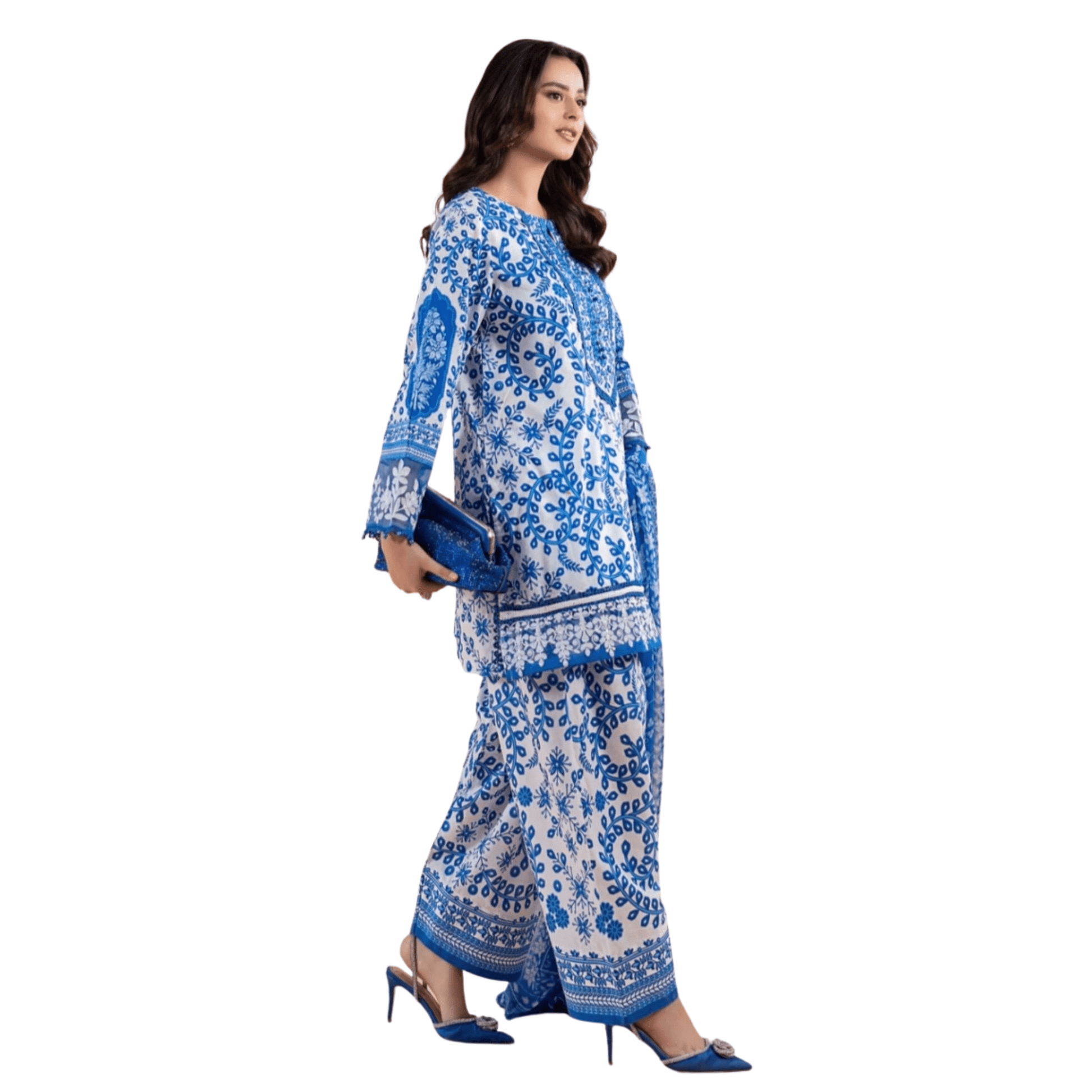 Pakistani Indian Traditional Blue Lawn Suit | 3pc Ready-to-Wear Farshi Shalwar Set with Lace - Fashion Factory USA By Diana