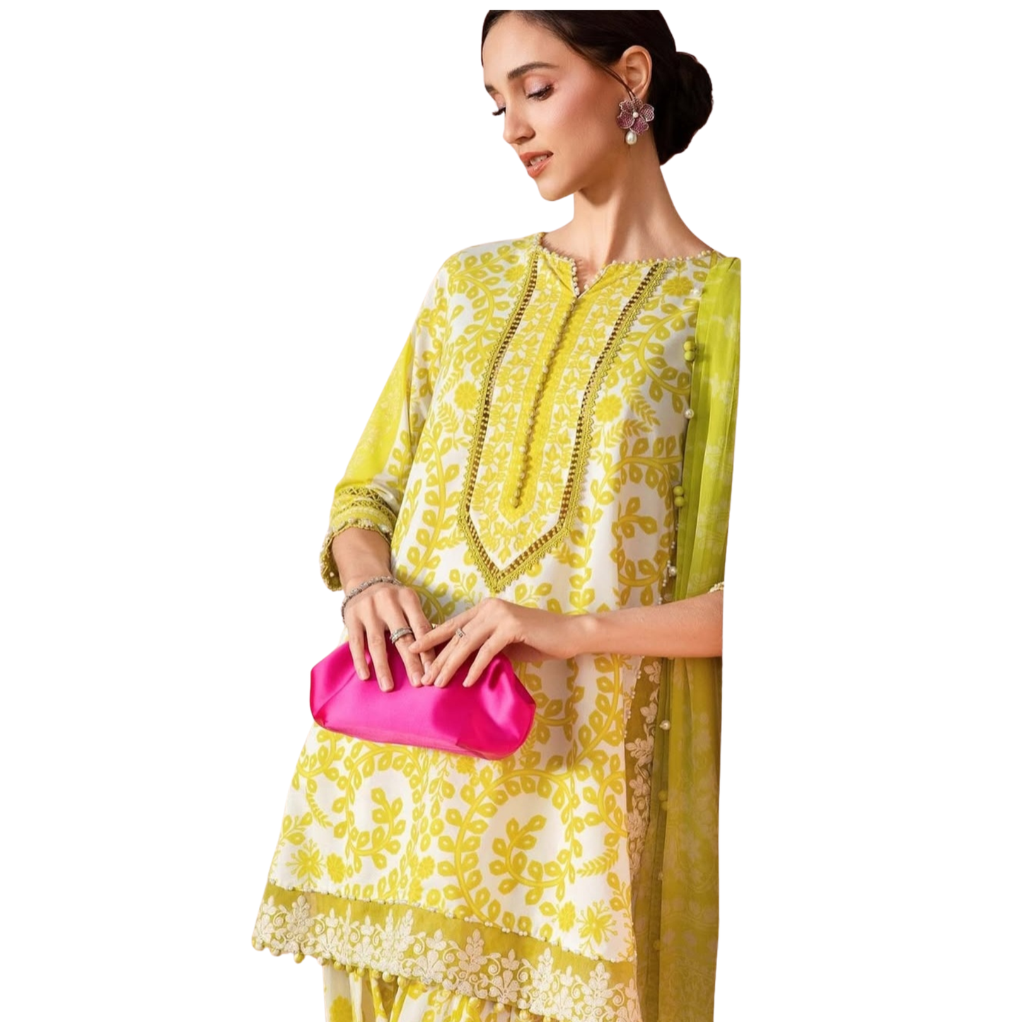 Pakistani Indian Traditional Farshi Shalwar Set | Lime Green Printed Lawn Suit with Chiffon Dupatta - Fashion Factory USA By Diana