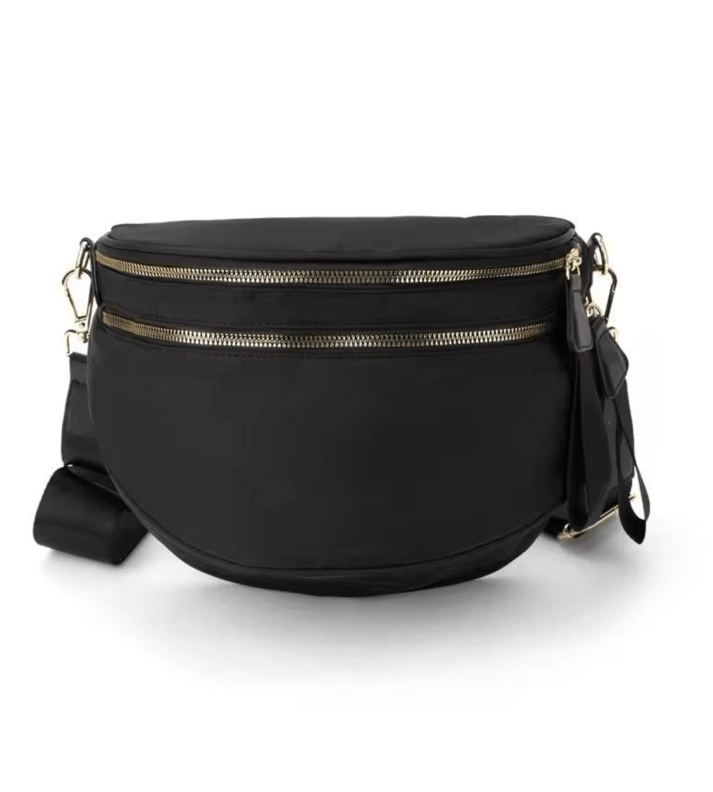 Black Nylon Crossbody Sling Bag | Multi - Pocket Fanny Pack with Gold Zippers - Fashion Factory USA By Diana