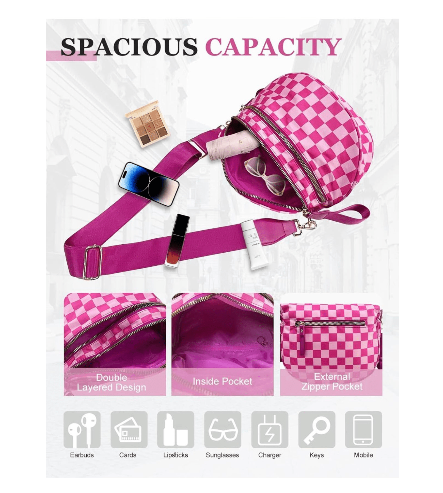 Bright Pink Checkerboard Sling Bag | Large Capacity Wide Strap Travel Pouch - Fashion Factory USA By Diana