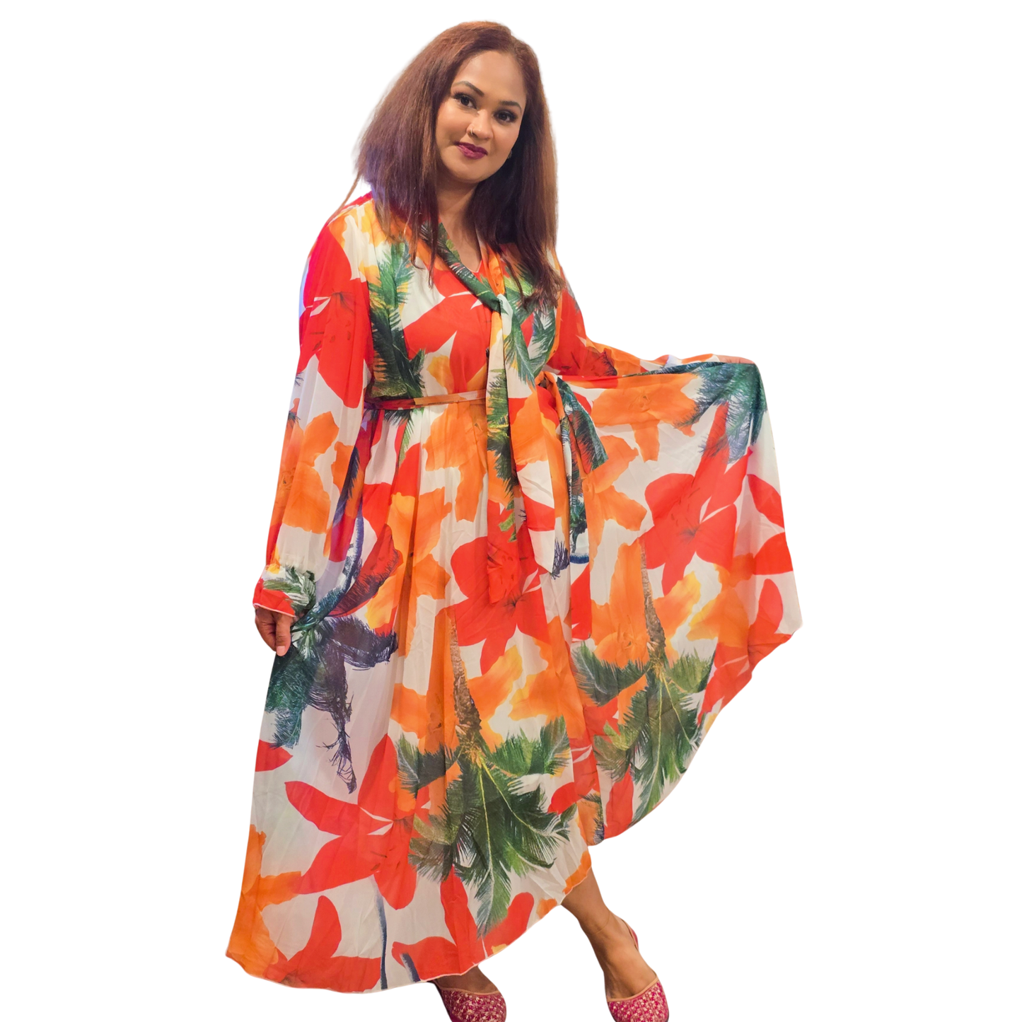 Colorful Tropical Print Long Sleeve Maxi Dress | Korean Chic Flowy Chiffon Dress with Belt - Fashion Factory USA By Diana