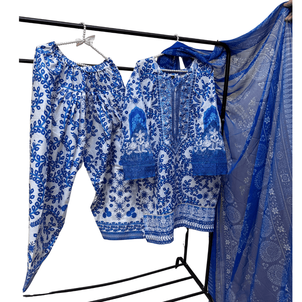 Pakistani Indian Traditional Blue Lawn Suit | 3pc Ready-to-Wear Farshi Shalwar Set with Lace - Fashion Factory USA By Diana
