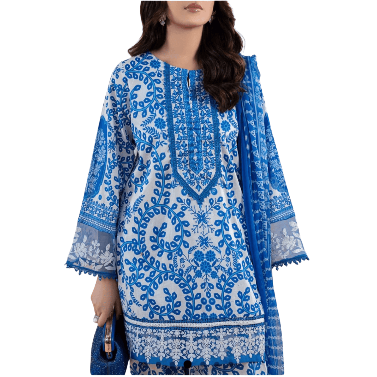 Pakistani Indian Traditional Blue Lawn Suit | 3pc Ready-to-Wear Farshi Shalwar Set with Lace - Fashion Factory USA By Diana