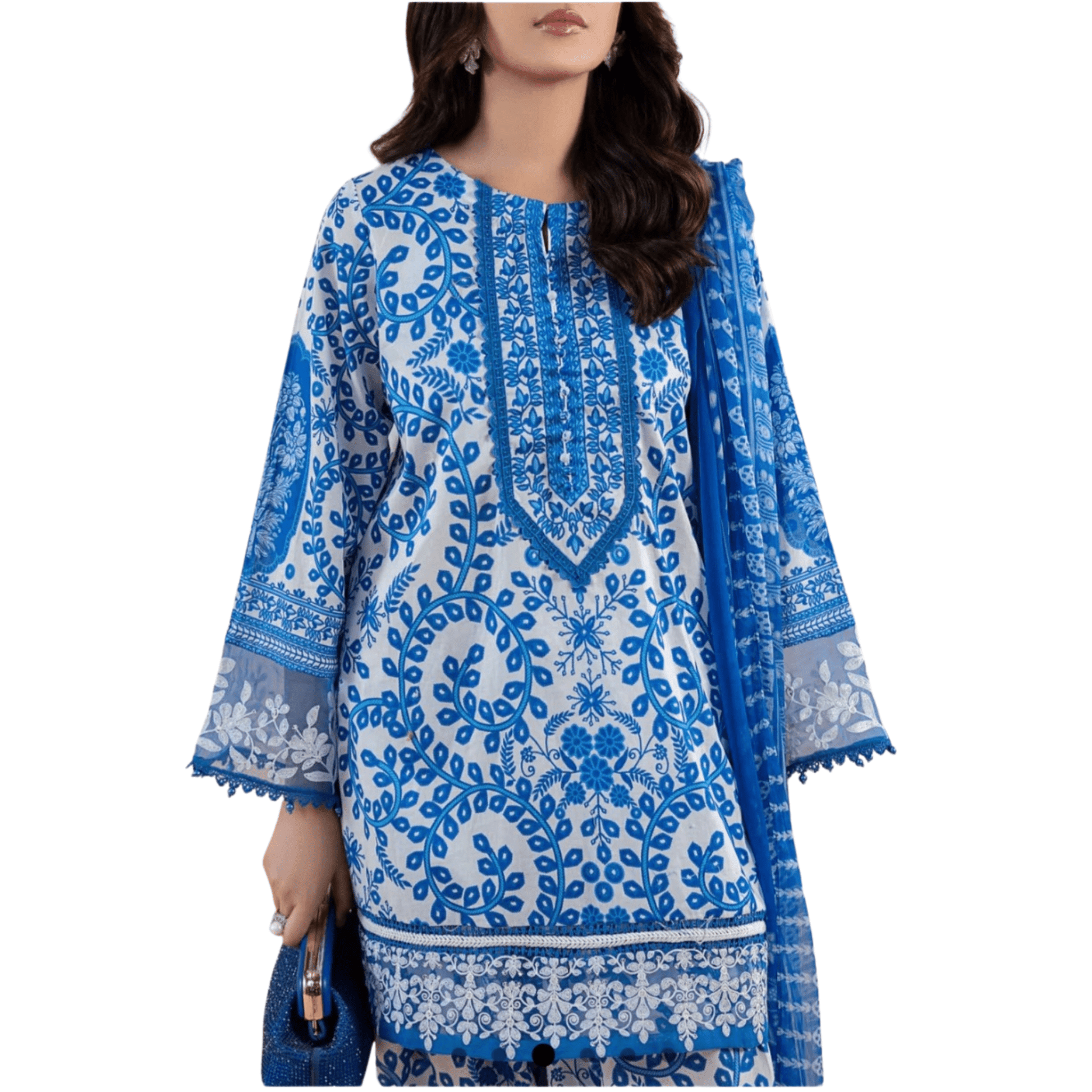 Pakistani Indian Traditional Blue Lawn Suit | 3pc Ready-to-Wear Farshi Shalwar Set with Lace - Fashion Factory USA By Diana