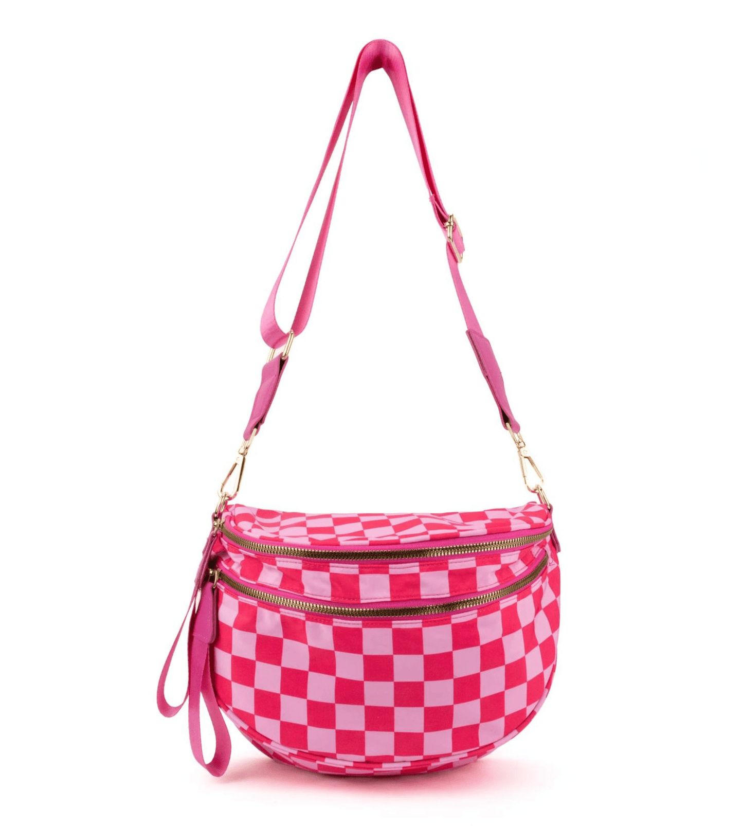 Bright Pink Checkerboard Sling Bag | Large Capacity Wide Strap Travel Pouch - Fashion Factory USA By Diana