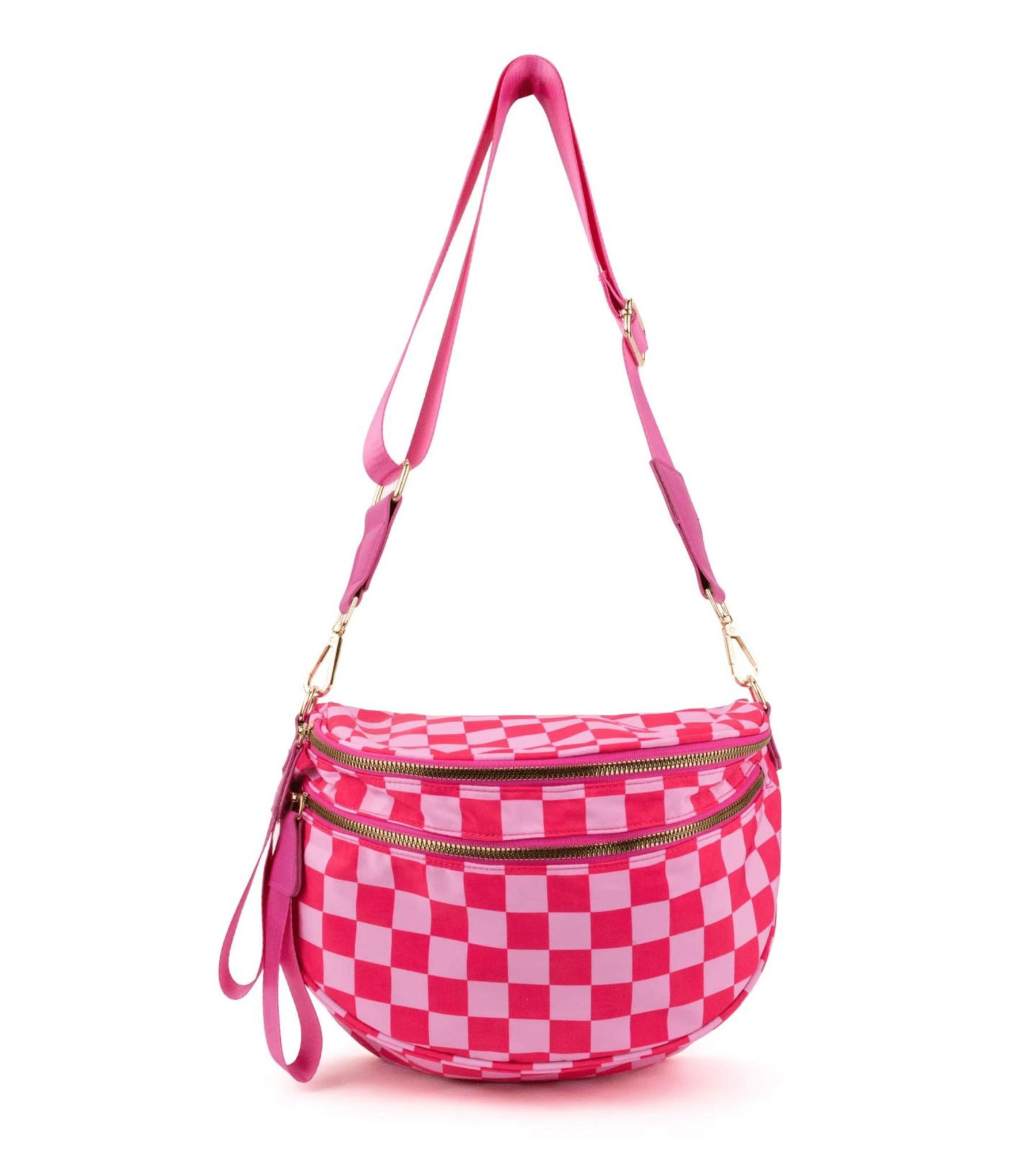 Bright Pink Checkerboard Sling Bag | Large Capacity Wide Strap Travel Pouch - Fashion Factory USA By Diana