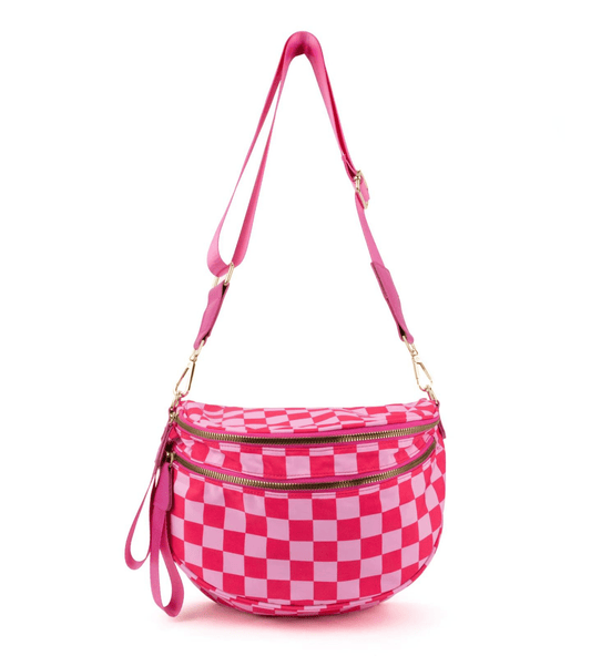 Bright Pink Checkerboard Sling Bag | Large Capacity Wide Strap Travel Pouch - Fashion Factory USA By Diana