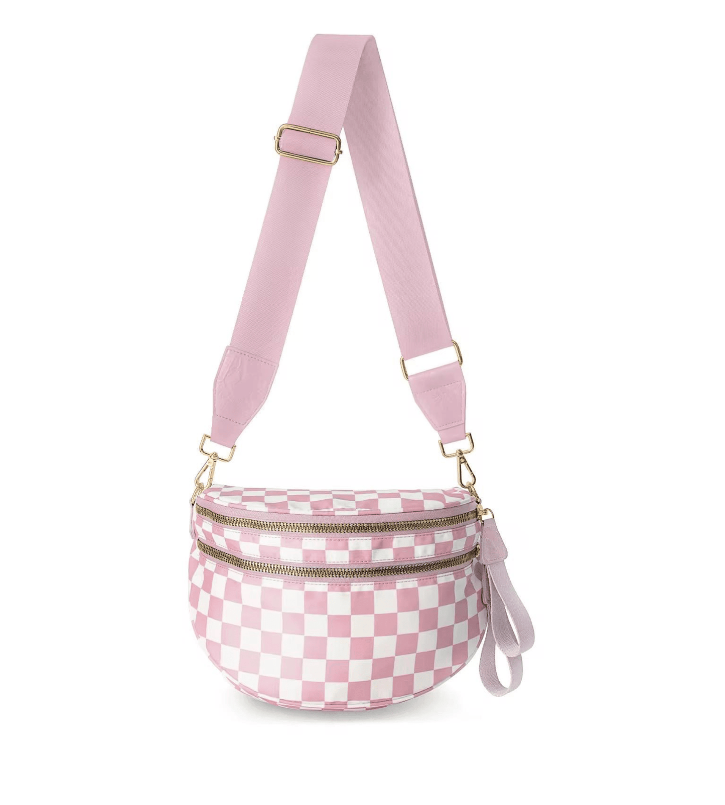 Trendy Pink & White Checkered Fanny Pack Crossbody | Wide Strap Shoulder Bag - Fashion Factory USA By Diana