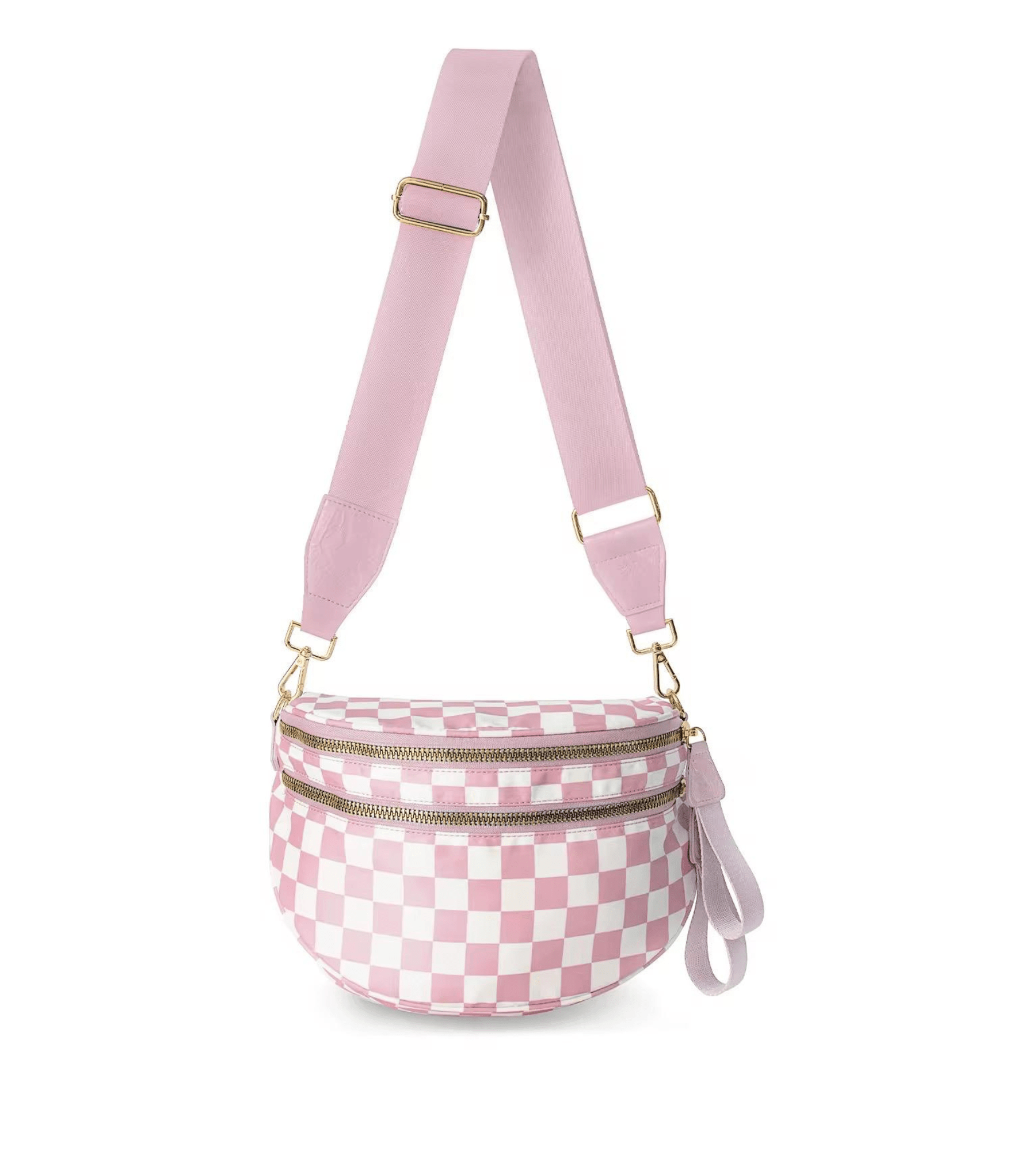 Trendy Pink & White Checkered Fanny Pack Crossbody | Wide Strap Shoulder Bag - Fashion Factory USA By Diana