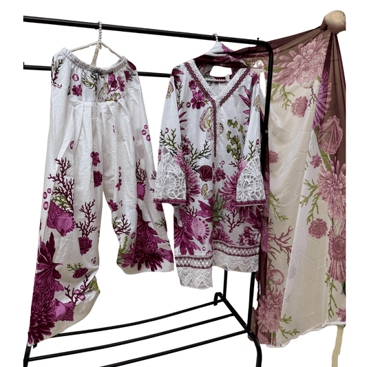 Pakistani Indian Traditional Floral Lawn Suit | 3pc Ready-to-Wear Farshi Shalwar Set for Women - Fashion Factory USA By Diana