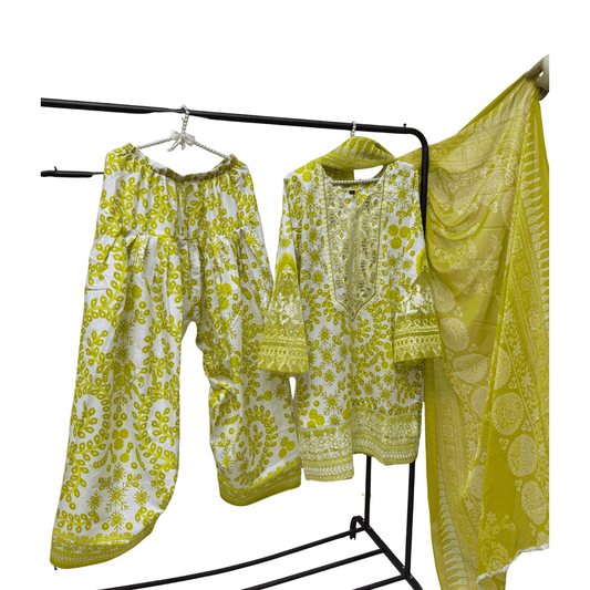 Pakistani Indian Traditional Farshi Shalwar Set | Lime Green Printed Lawn Suit with Chiffon Dupatta - Fashion Factory USA By Diana
