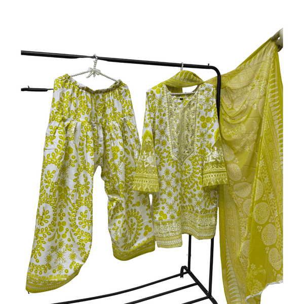 Pakistani Indian Traditional Farshi Shalwar Set | Lime Green Printed Lawn Suit with Chiffon Dupatta - Fashion Factory USA By Diana