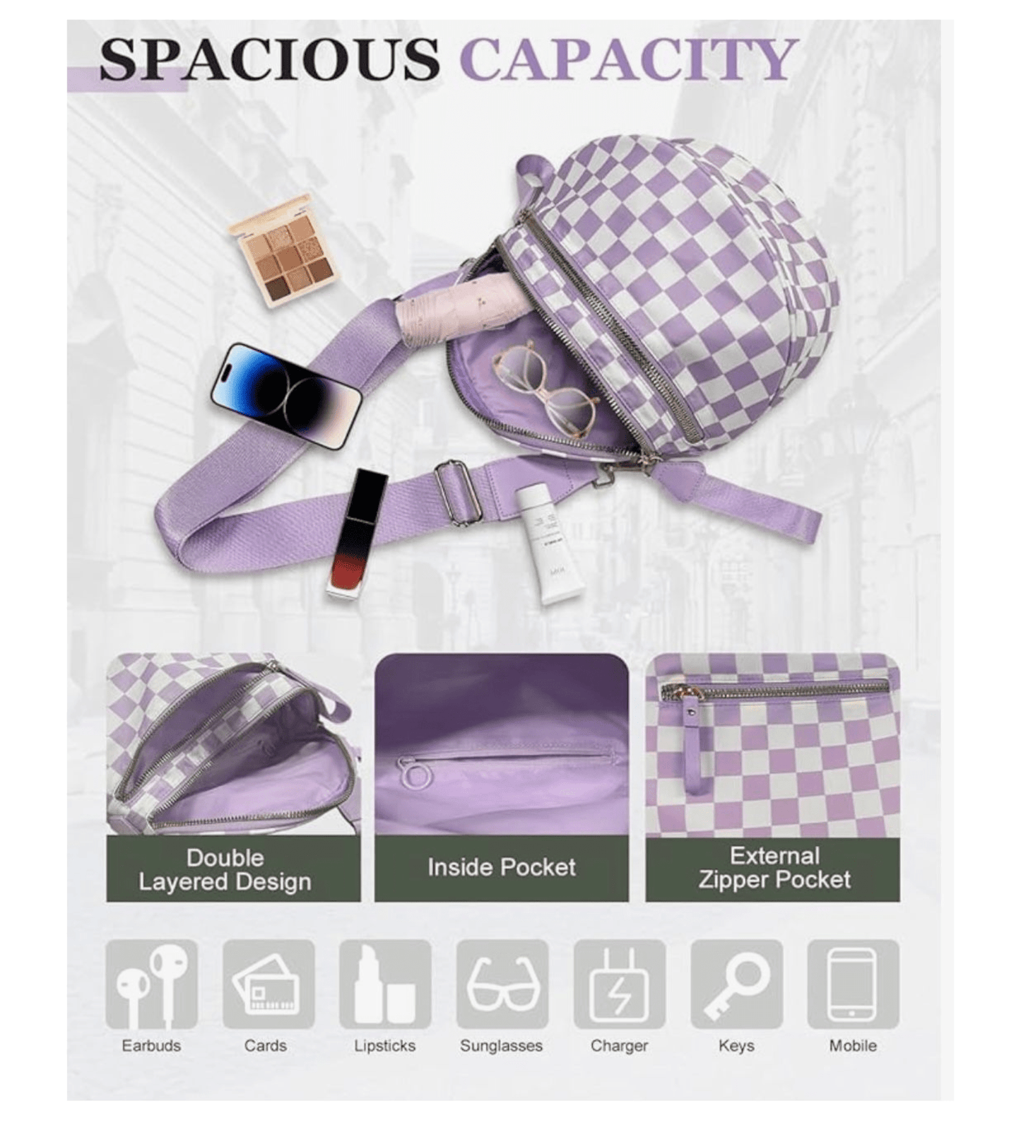 Light Purple Checkered Crossbody Bum Bags for Women | Nylon Checkered Purse Checkerboard Fanny Pack - Fashion Factory USA By Diana