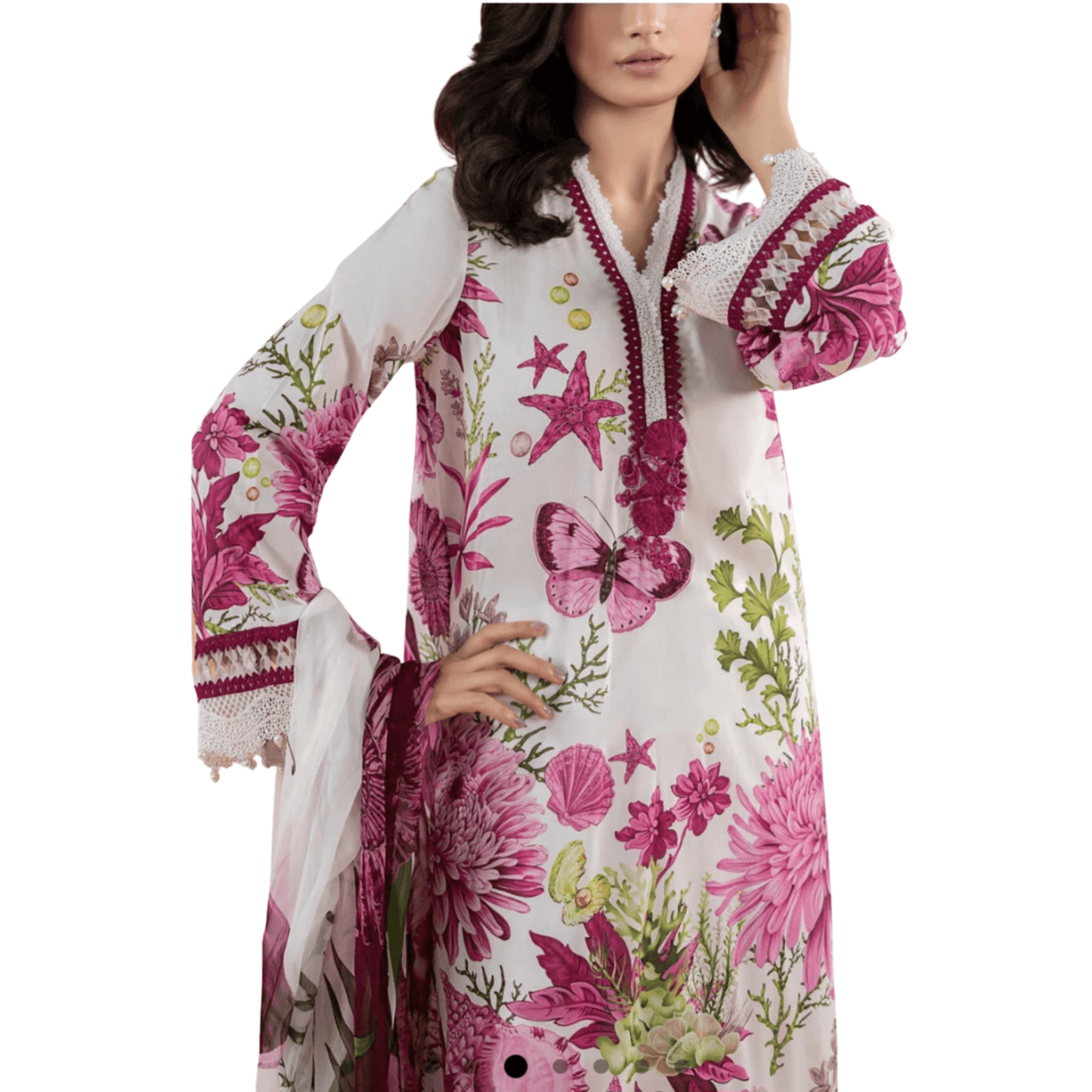 Pakistani Indian Traditional Floral Lawn Suit | 3pc Ready-to-Wear Farshi Shalwar Set for Women - Fashion Factory USA By Diana