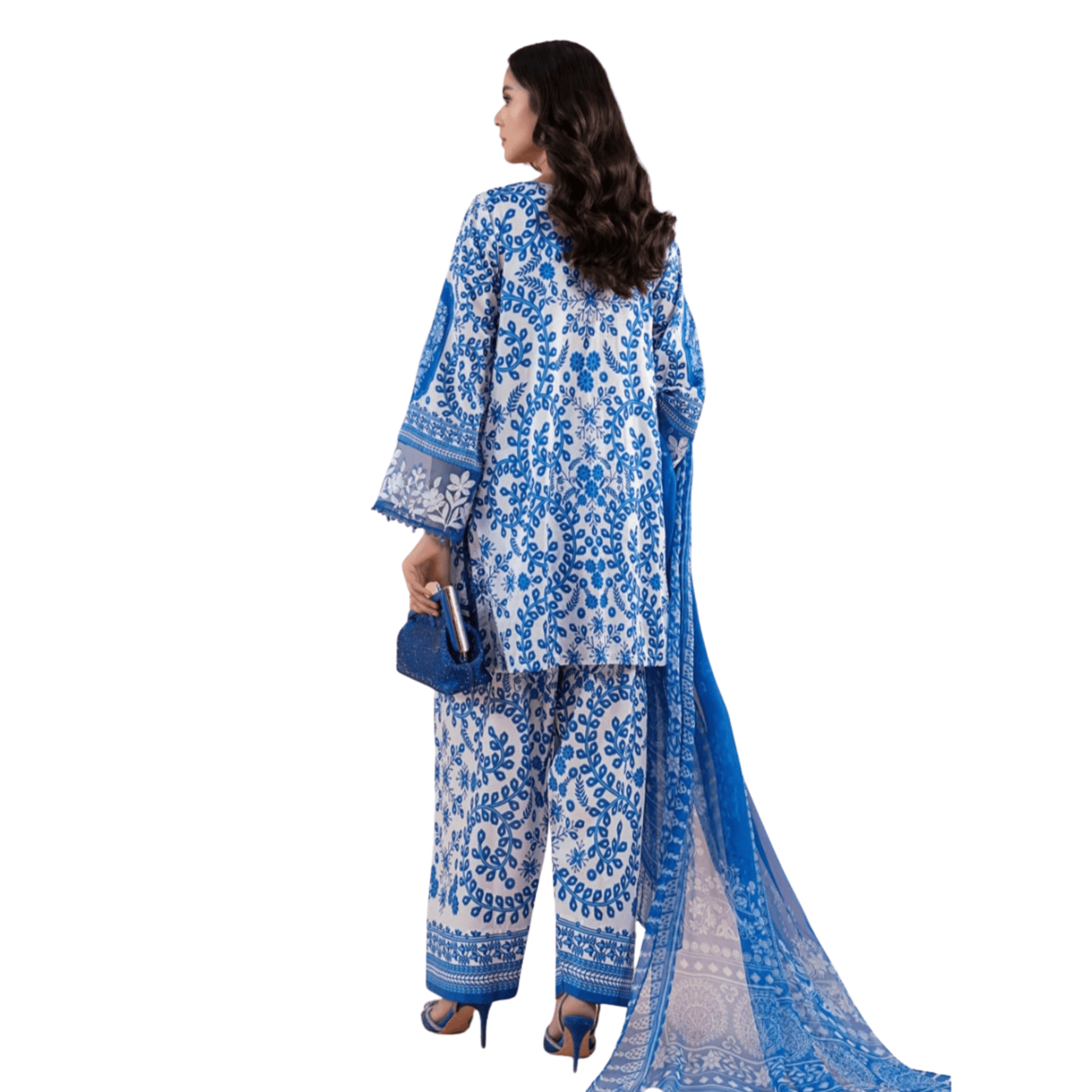Pakistani Indian Traditional Blue Lawn Suit | 3pc Ready-to-Wear Farshi Shalwar Set with Lace - Fashion Factory USA By Diana