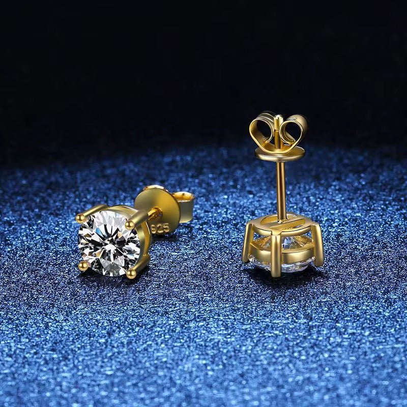 18K Gold Plated 1 Carat Moissanite Stud Earrings | Passes Diamond Tester Classic Solitaire Studs - Fashion Factory USA By Diana