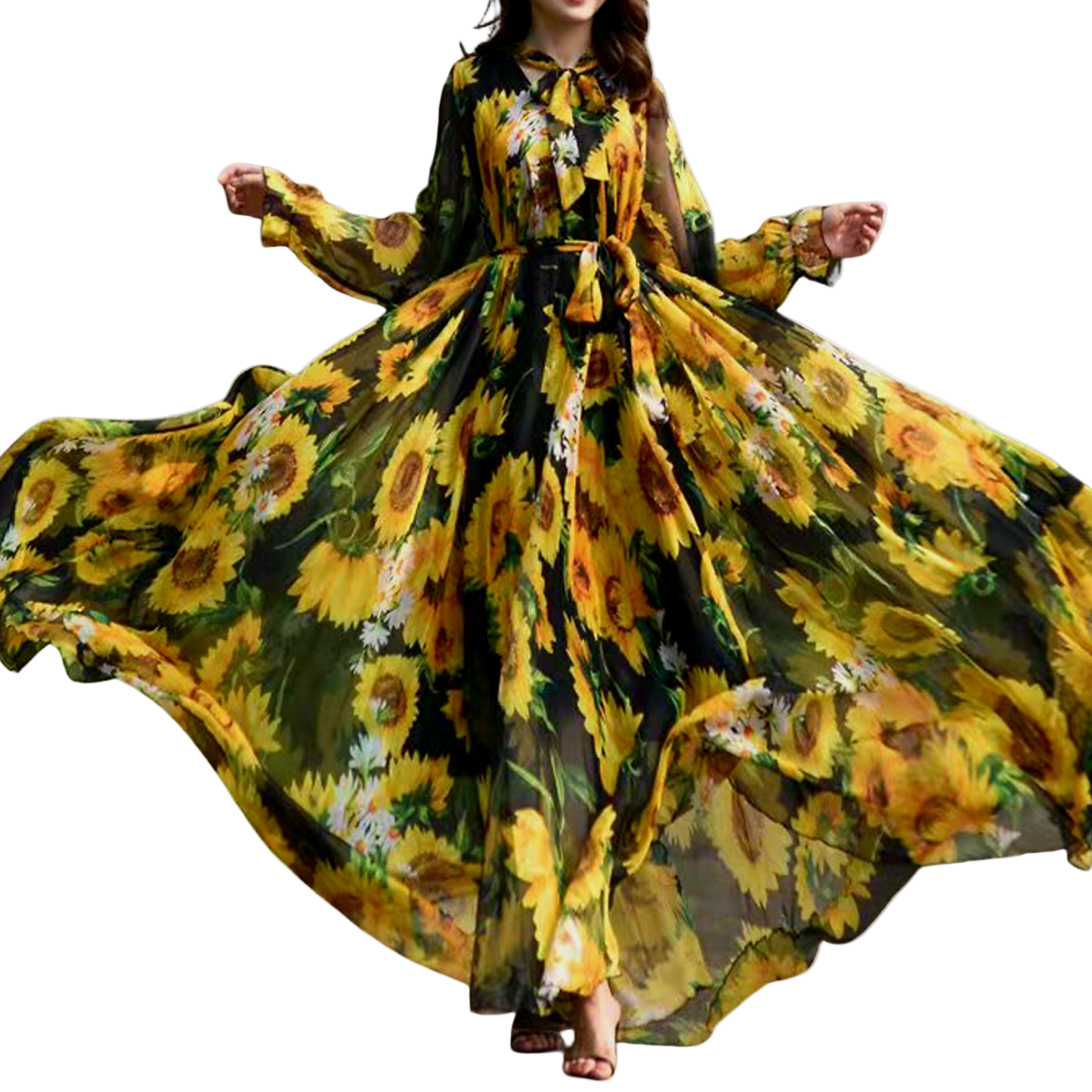 Vintage Sunflower Print Long Sleeve Maxi Dress | Flowy Chiffon A-Line Korean Chic Boho Dress - Fashion Factory USA By Diana