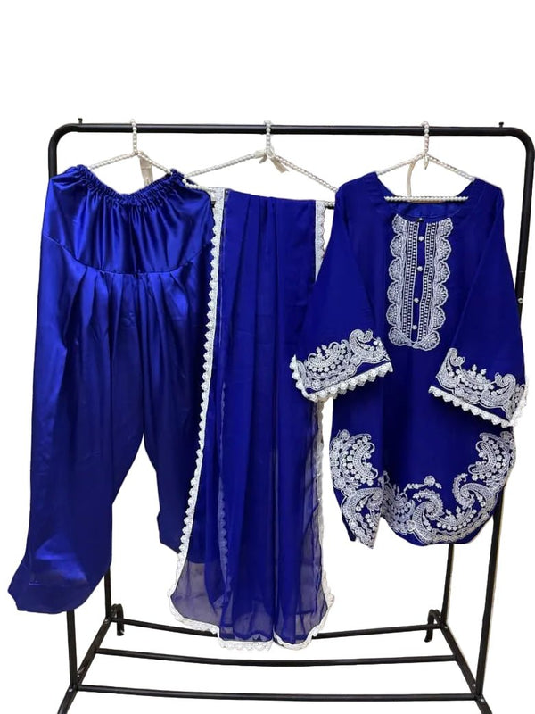 Ready-to-Wear 3-Piece Pakistani Designer Suit | Royal Blue Embroidered Chiffon Kameez & Silk Farshi Shalwar - Fashion Factory USA By Diana